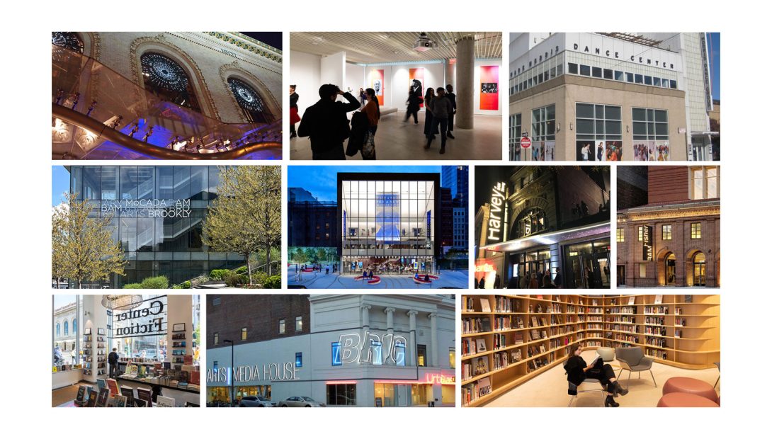 A collage image featuring some of Downtown Brooklyn's largest cultural institutions. BAM, public art fixtures and more