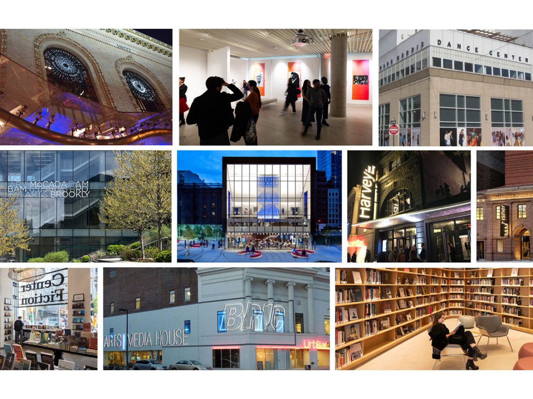 A collage image featuring some of Downtown Brooklyn's largest cultural institutions. BAM, public art fixtures and more
