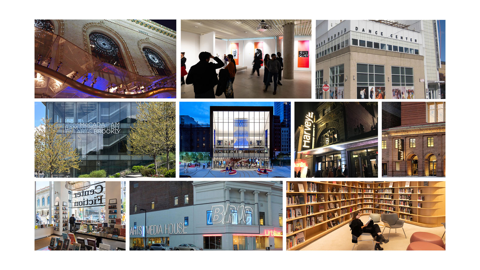 A collage image featuring some of Downtown Brooklyn's largest cultural institutions. BAM, public art fixtures and more